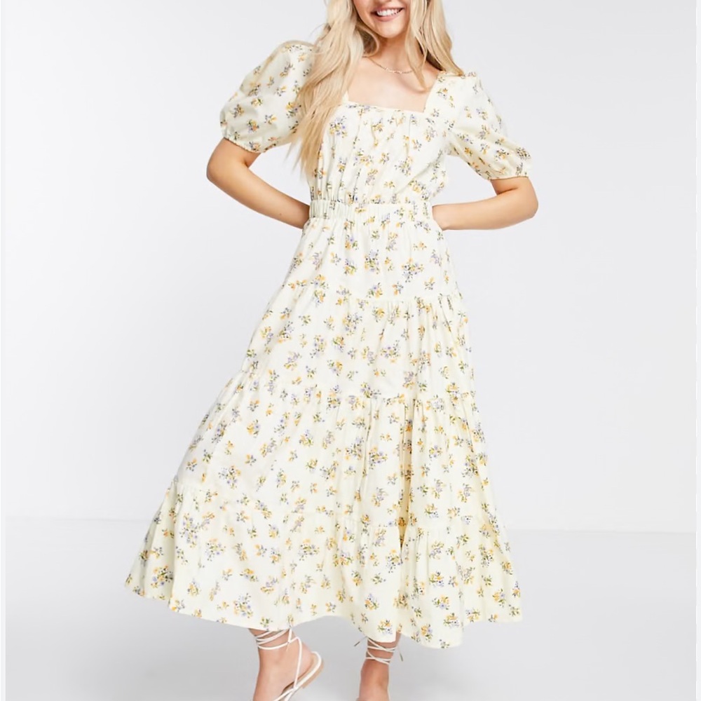 ASOS Design Floral Tiered Cotton Maxi Dress Puff Sleeve Cottagecore Spring